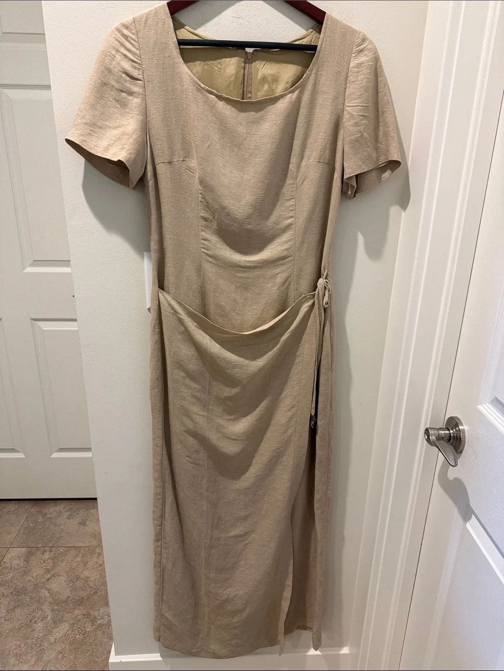 Women's Beige Linen Short-Sleeve Maxi Dress with Side Tie Faux Wrap size Small